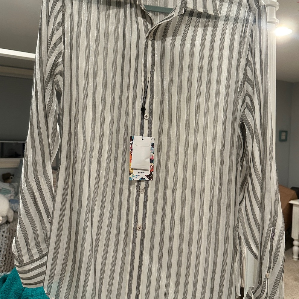 Robert Graham Silver and White Striped Shirt
